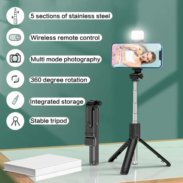 Selfie Stick with Fill Light Extendable Selfie Stick Tripod with Wireless Remote and Phone Holder Group Selfies For All  phones - Image 2