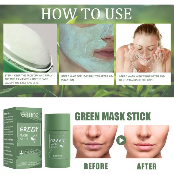 EELHOE Green Tea Solid Mask Deep Cleansing And Hydrating Mask Stick Shrinkage Of Pores Applicator Clay Mask - Image 4