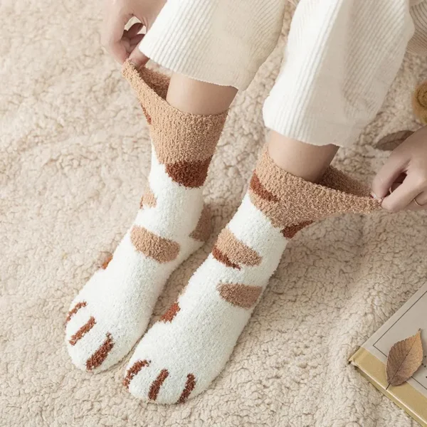 Winter Fall Socks Women Kawaii Cat Claws Warm Thicken Coral Fleece Knee High Cute Girls Thermal Tube Sock Snow Floor Sleeping - Image 4