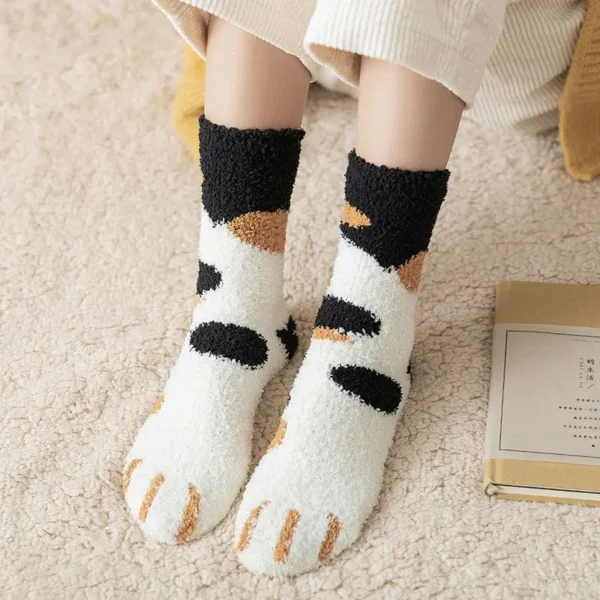 Winter Fall Socks Women Kawaii Cat Claws Warm Thicken Coral Fleece Knee High Cute Girls Thermal Tube Sock Snow Floor Sleeping