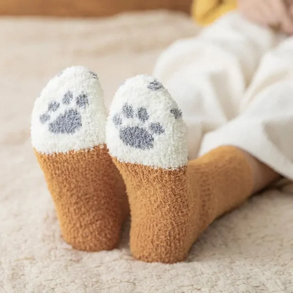 Winter Fall Socks Women Kawaii Cat Claws Warm Thicken Coral Fleece Knee High Cute Girls Thermal Tube Sock Snow Floor Sleeping - Image 3