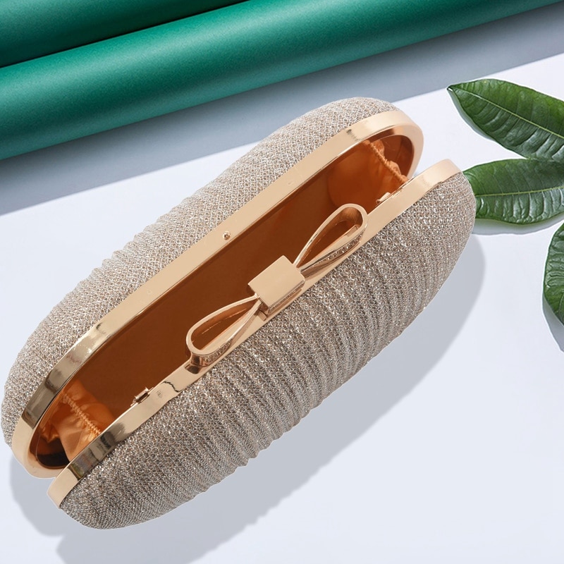 Golden Evening Clutch Bag Women Bags Wedding Shiny Handbags Bridal Metal Bow Clutches Bag Chain Shoulder Bag - Image 2