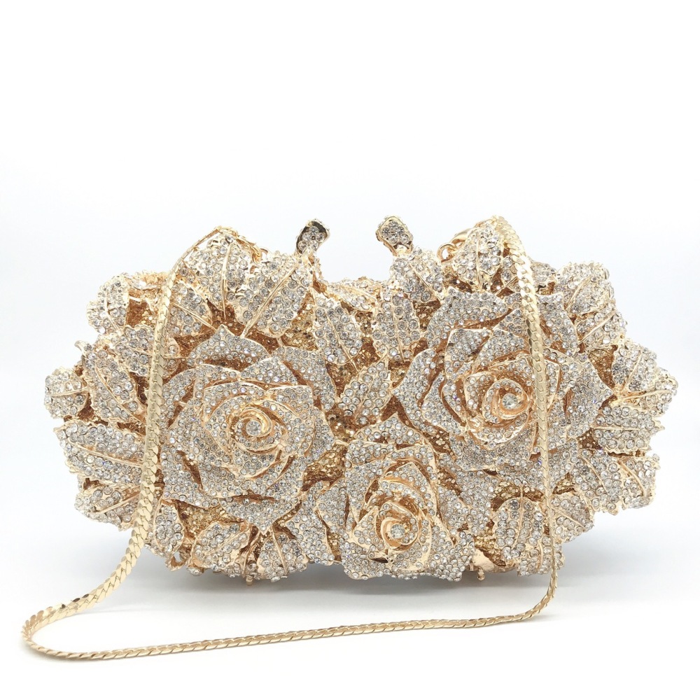 Crystal Rose Hard-Case Clutch — Gold
