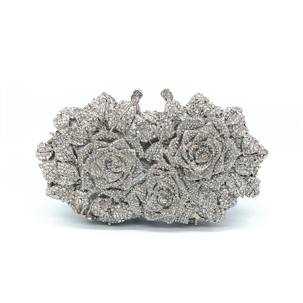 Crystal Rose Hard-Case Clutch — Silver