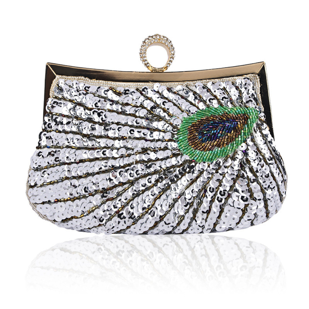 Hand-Beaded Peacock Evening Clutch — Silver