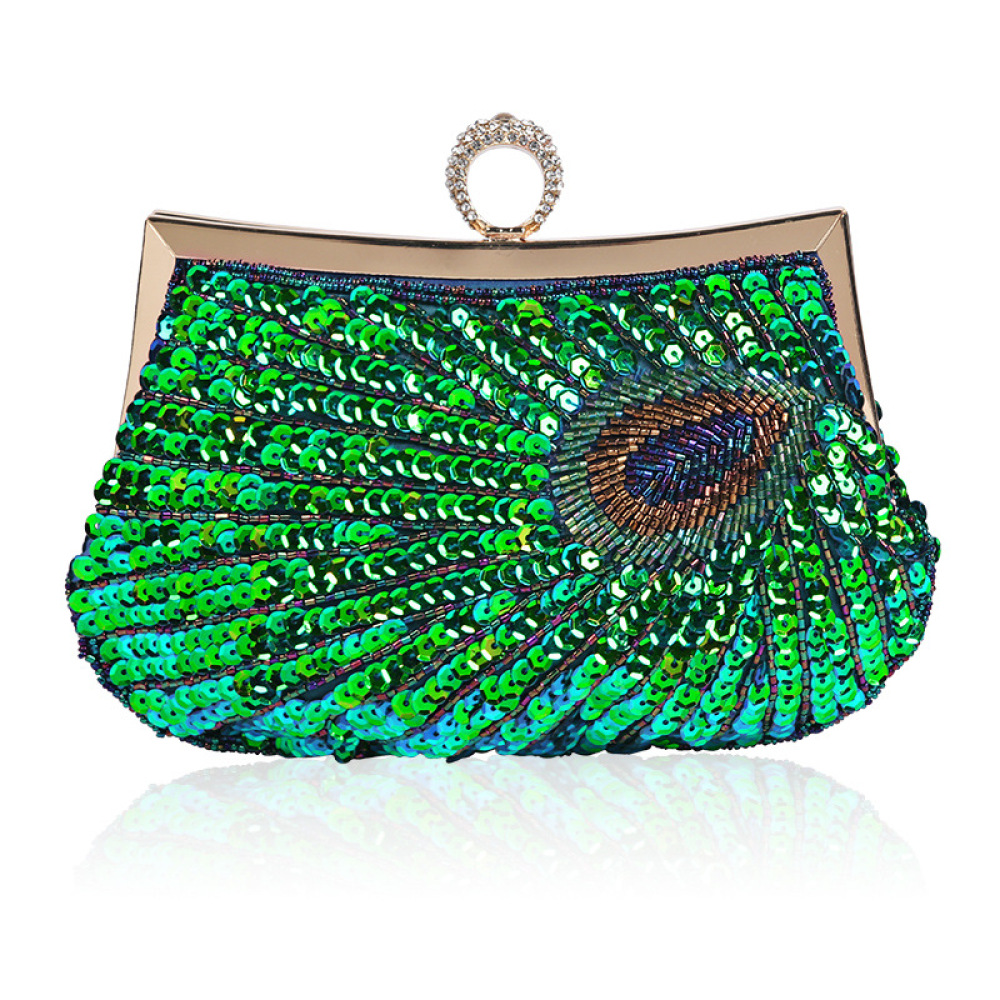 Hand-Beaded Peacock Evening Clutch — Green