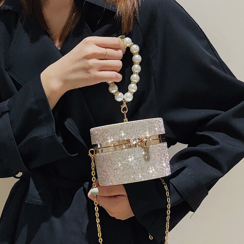 Diamond Acrylic Round Clutch with Pearl Handle - Image 3