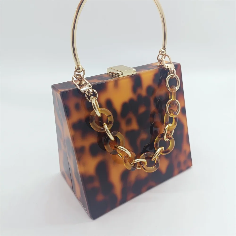 Leopard Print Acrylic Clutch Bag with Chain