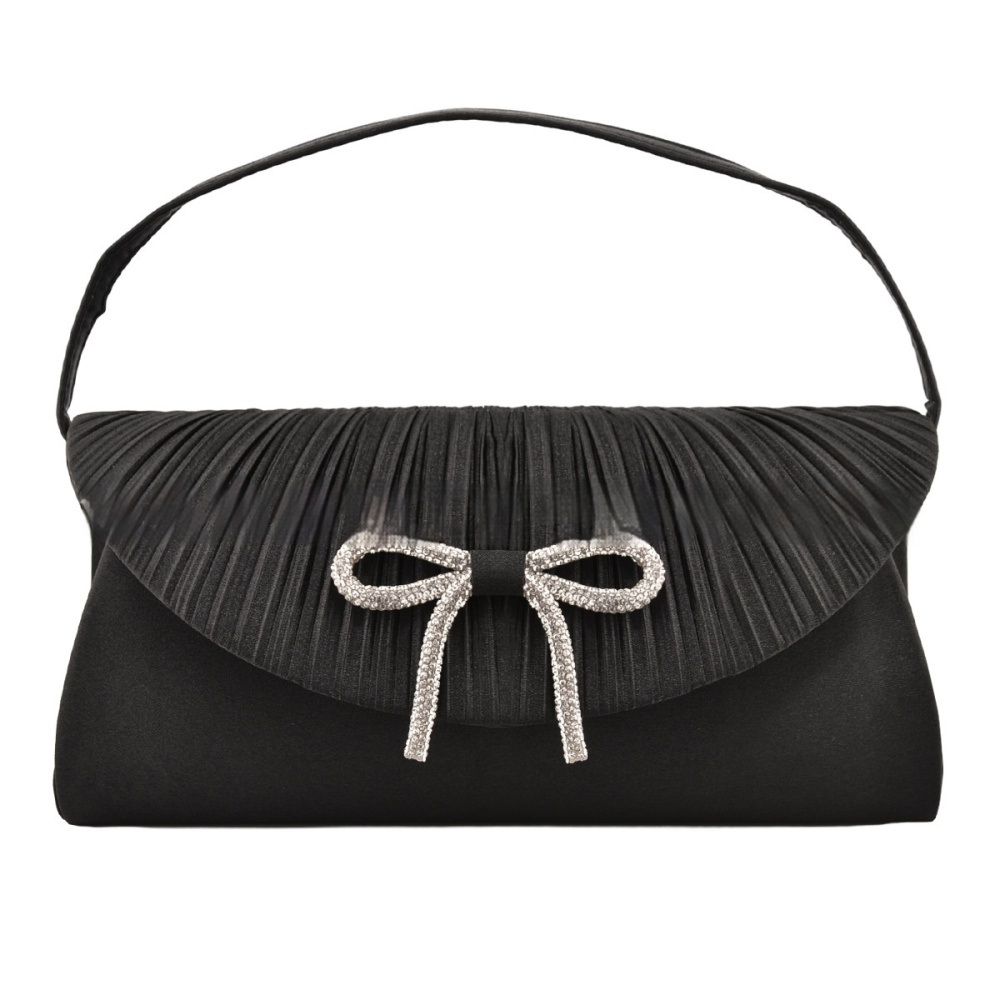 Pleated Satin Bow Clutch — Black