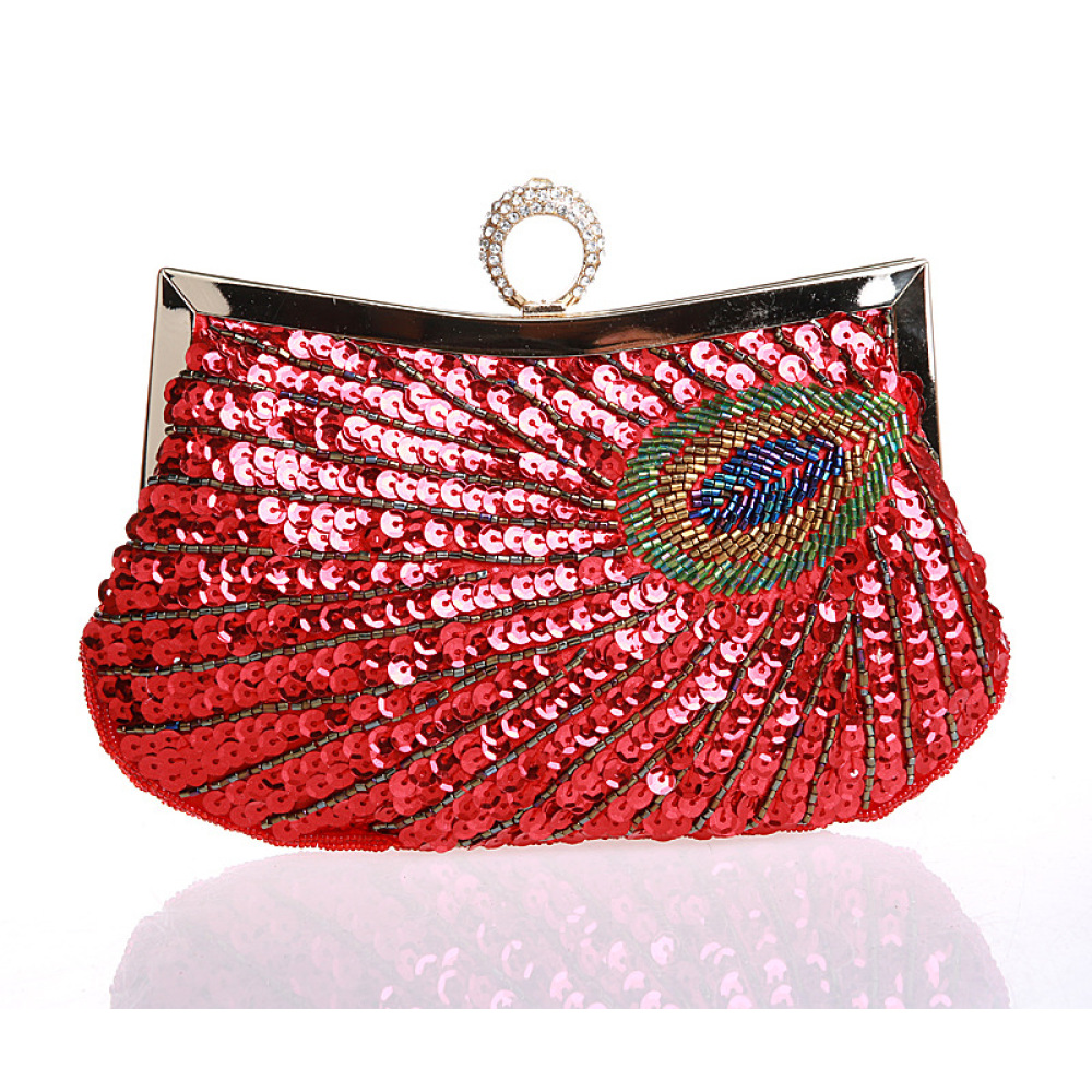 Hand-Beaded Peacock Evening Clutch — Red