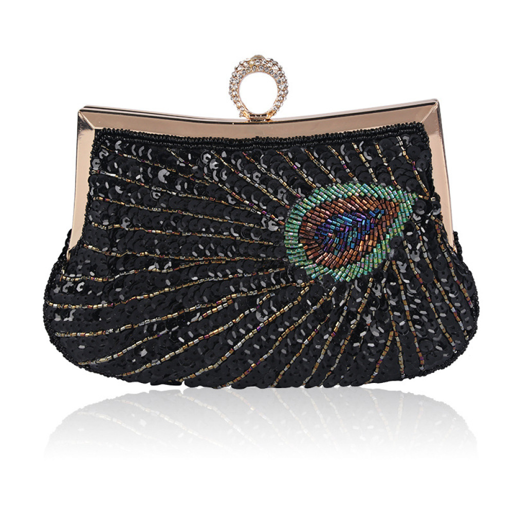 Hand-Beaded Peacock Evening Clutch — Black
