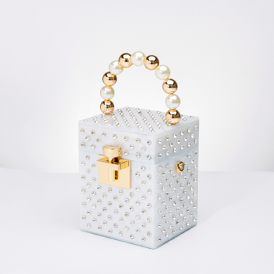 Crystal Acrylic Box Clutch with Pearl Handle