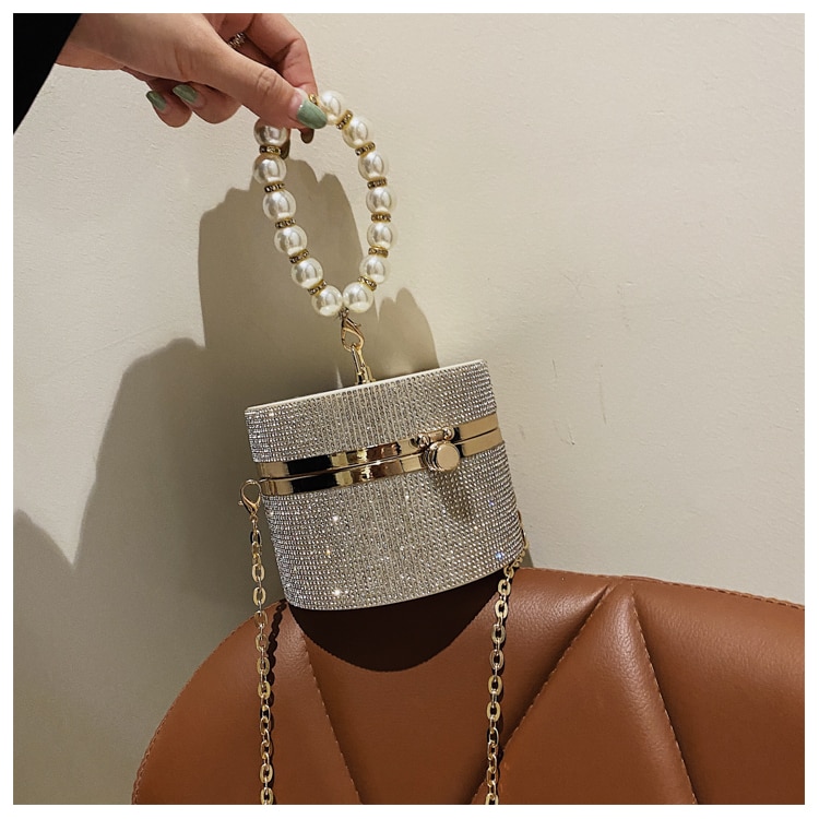 Diamond Acrylic Round Clutch with Pearl Handle - Image 21