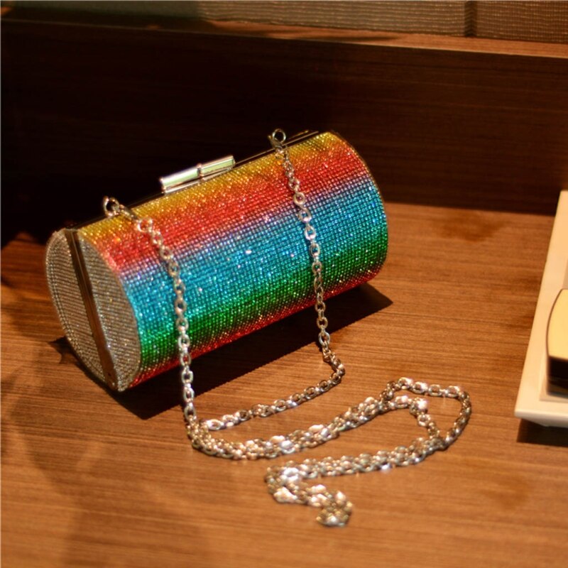 Rainbow Rhinestone Cylinder Evening Bag