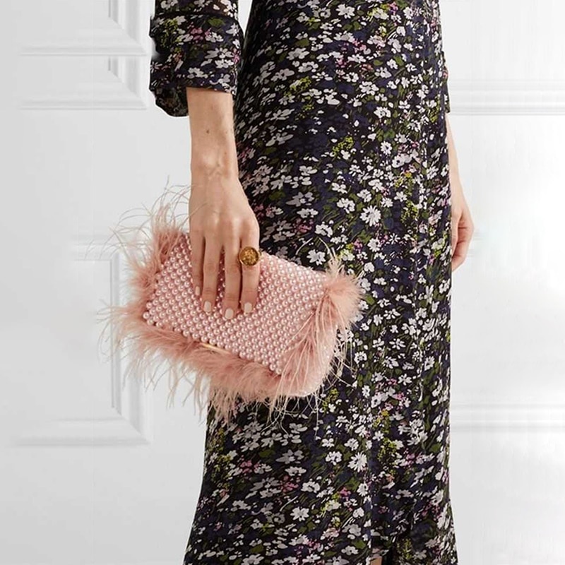 Faux Fur Pearl Clutch - Handmade Beaded