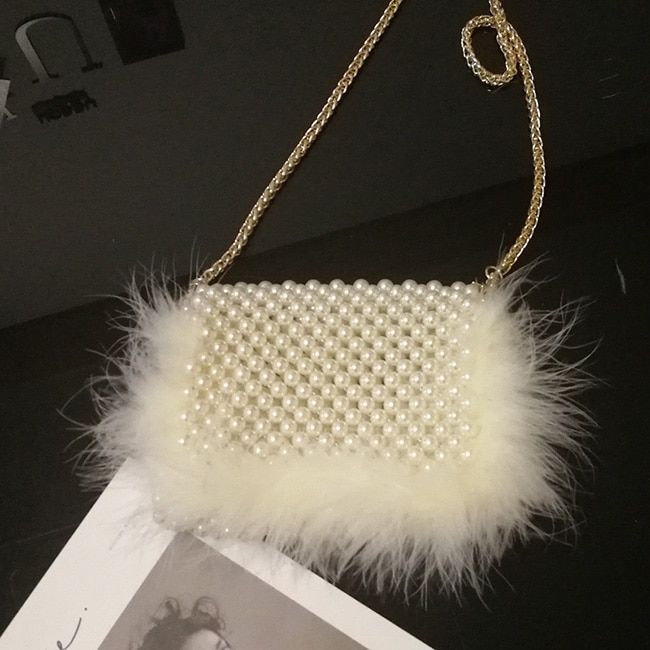 Faux Fur Pearl Clutch - Handmade Beaded - Image 7