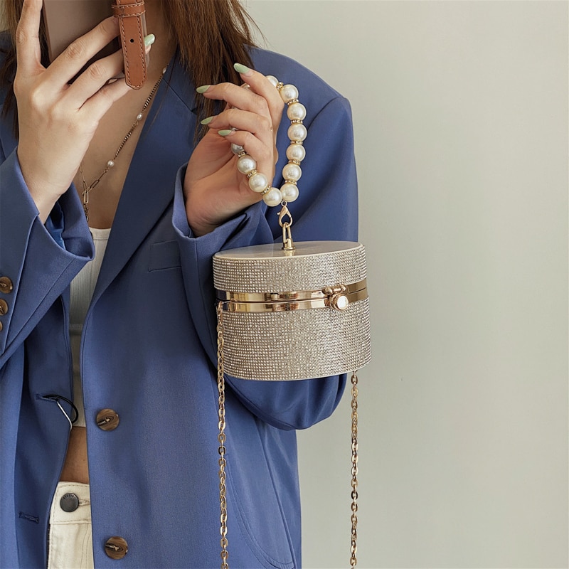 Diamond Acrylic Round Clutch with Pearl Handle - Image 4