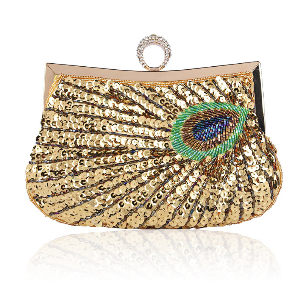 Hand-Beaded Peacock Evening Clutch — Gold