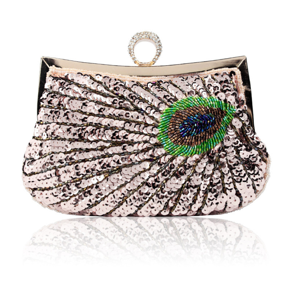 Hand-Beaded Peacock Evening Clutch — Champagne