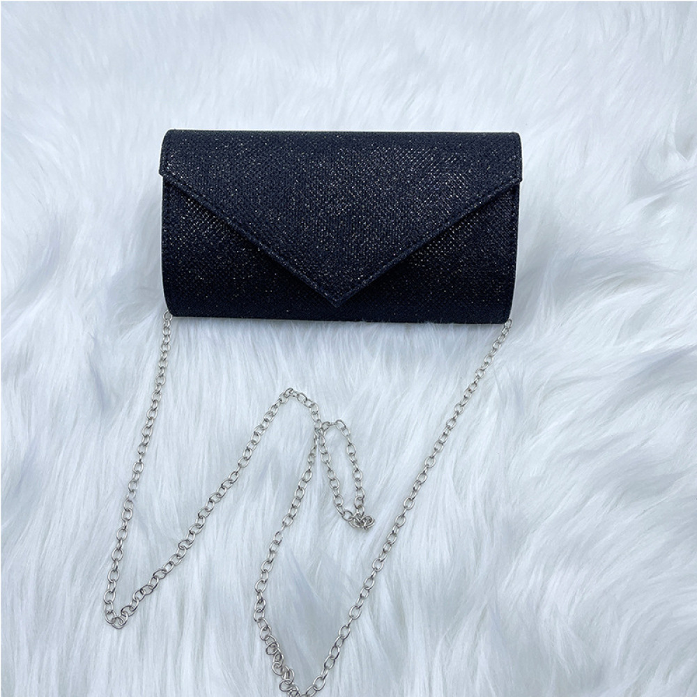 Shimmer Envelope Clutch with Chain — Black