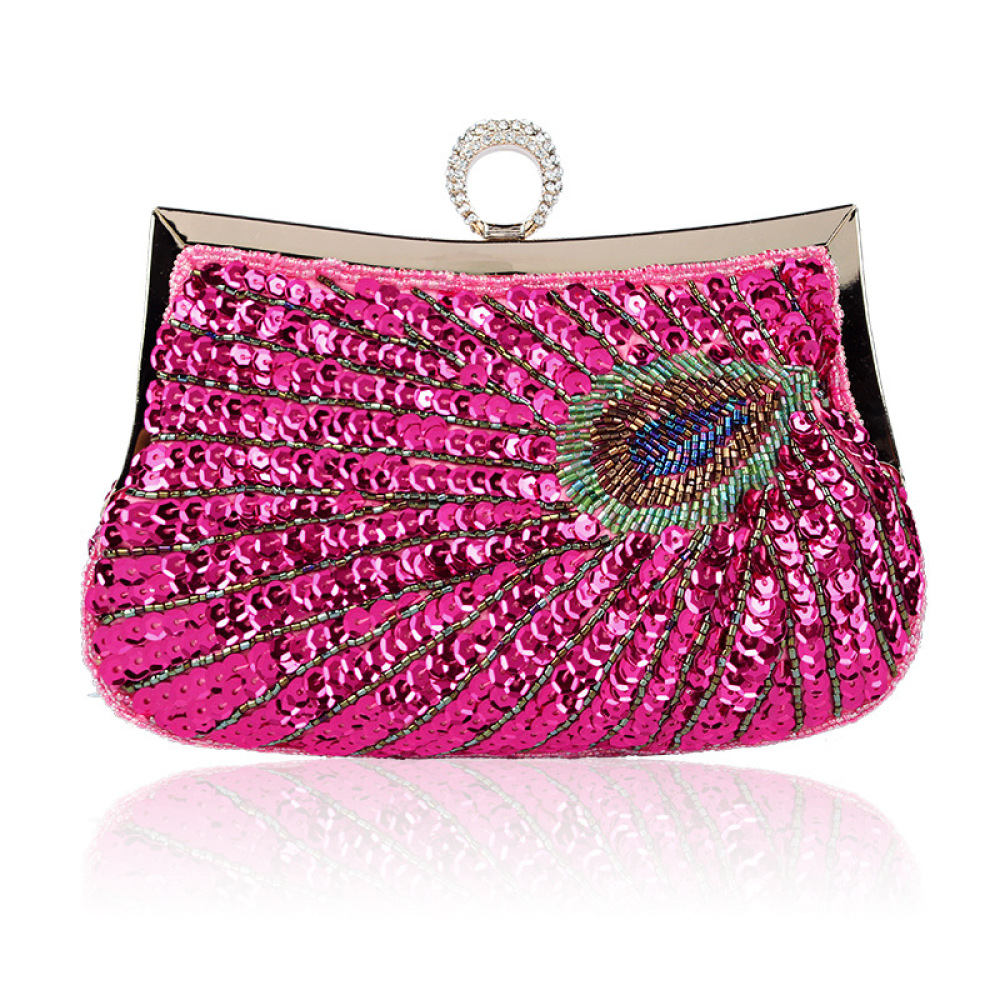 Hand-Beaded Peacock Evening Clutch — Pink
