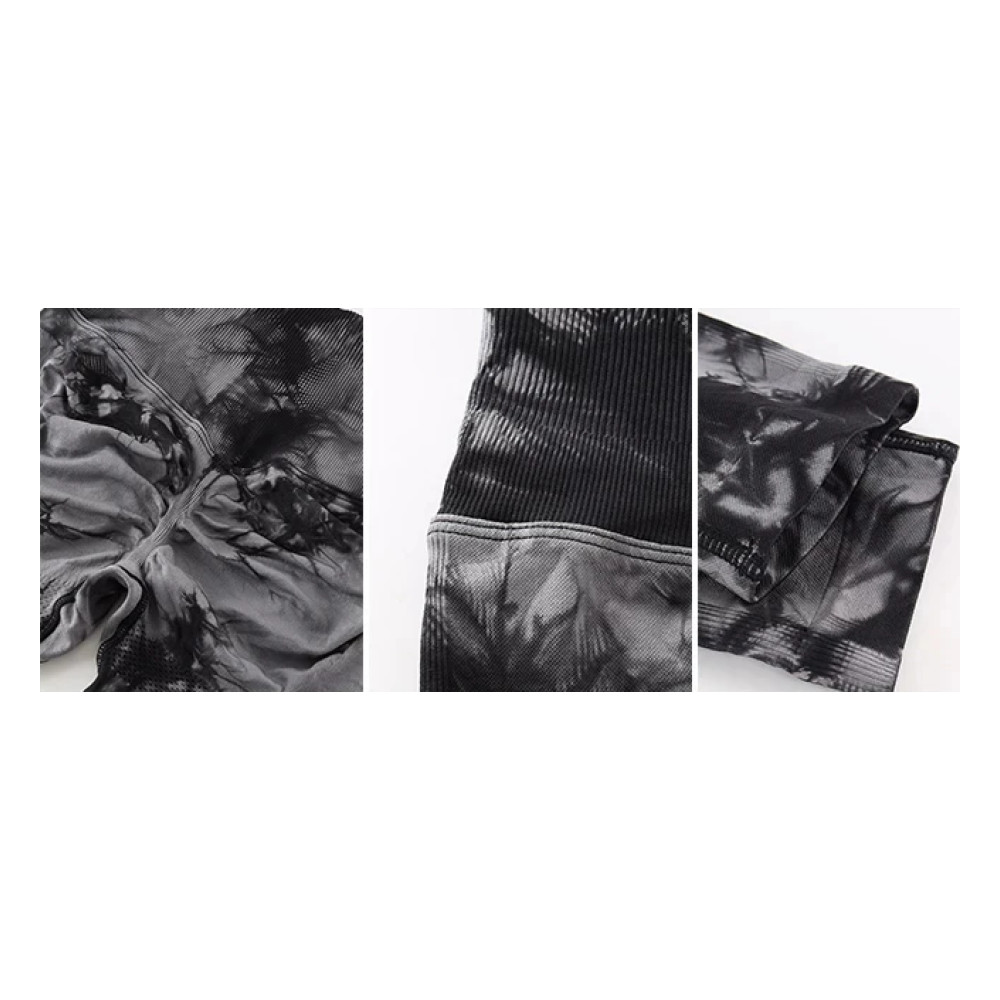 Close-up fabric detail of women's tie-dye seamless yoga leggings, showing the ribbed knit and high waistband