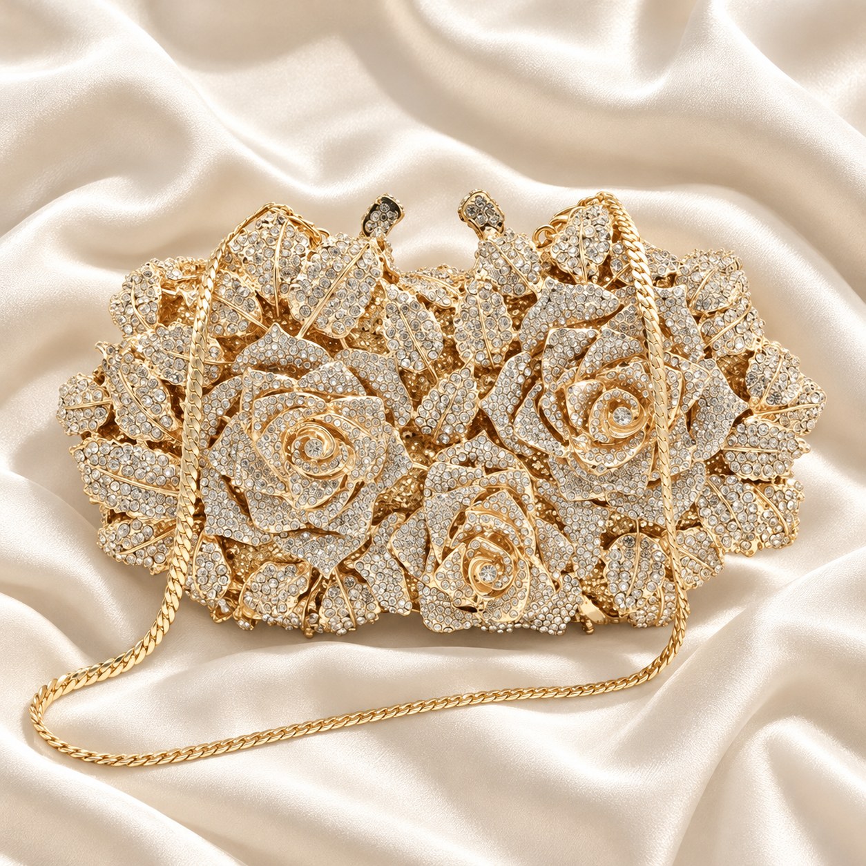 Gold crystal rose hard-case evening clutch styled on ivory satin