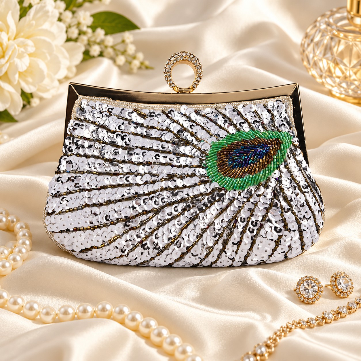 Silver hand-beaded peacock evening clutch styled on ivory satin